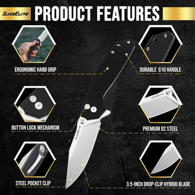 SliceElite 3.5-Inch El Capitan Folding Knife | Pocket Knife with Black G10 Composite Handle & D2 Steel Clip Drop Hybrid Blade | Tactical Gear EDC Knife with Button Lock & Pocket Clip