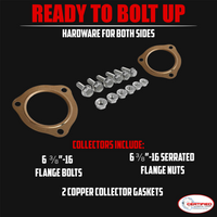 A set of metal automotive pipe couplers with two copper gaskets and a set of mounting bolts and nuts, displayed on a clean white background.