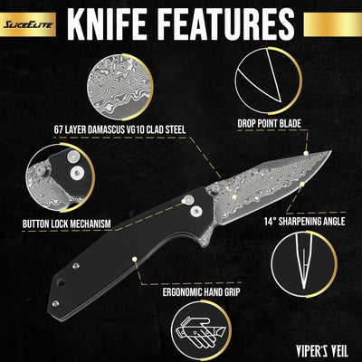 SliceElite 3.4-Inch Viper's Veil Folding Knife | Pocket Knife for Men with G10 Composite Handle, 67-Layer Damascus Steel Clip Drop Hybrid Blade | EDC Knife with Button Lock & Pocket Clip