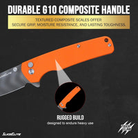 SliceElite Tiger Claw Folding Knife 3.5-Inch | D2 Steel Drop Point Blade with Titanium Striped Finish, Orange G10 Handle & Pocket Clip | EDC Button Lock Pocket Knife for Outdoor & Everyday Carry