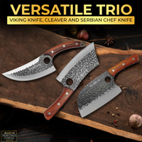 3PCS Hand-Forged Professional Butcher Knife Set: Cleaver knife, Viking knife, & Boning knife for meat cutting | Chef Knife Set with Gift Box | Perfect BBQ Gift for Men (Butcher knife set)