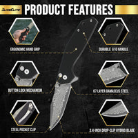 SliceElite 3.4-Inch Viper's Veil Folding Knife | Pocket Knife for Men with G10 Composite Handle, 67-Layer Damascus Steel Clip Drop Hybrid Blade | EDC Knife with Button Lock & Pocket Clip