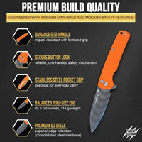 SliceElite Tiger Claw Folding Knife 3.5-Inch | D2 Steel Drop Point Blade with Titanium Striped Finish, Orange G10 Handle & Pocket Clip | EDC Button Lock Pocket Knife for Outdoor & Everyday Carry