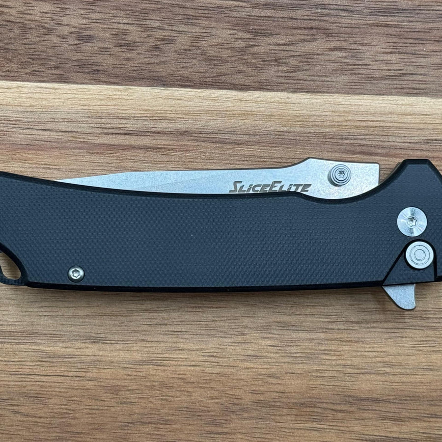 SliceElite Doc Scurlock Folding Knife – 3.39” D2 Steel Blade, Black G10 Handle, Button Lock, Stone Wash Finish – Tactical EDC Pocket Knife