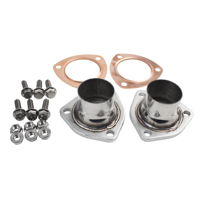 A set of metal automotive pipe couplers with two copper gaskets and a set of mounting bolts and nuts, displayed on a clean white background.