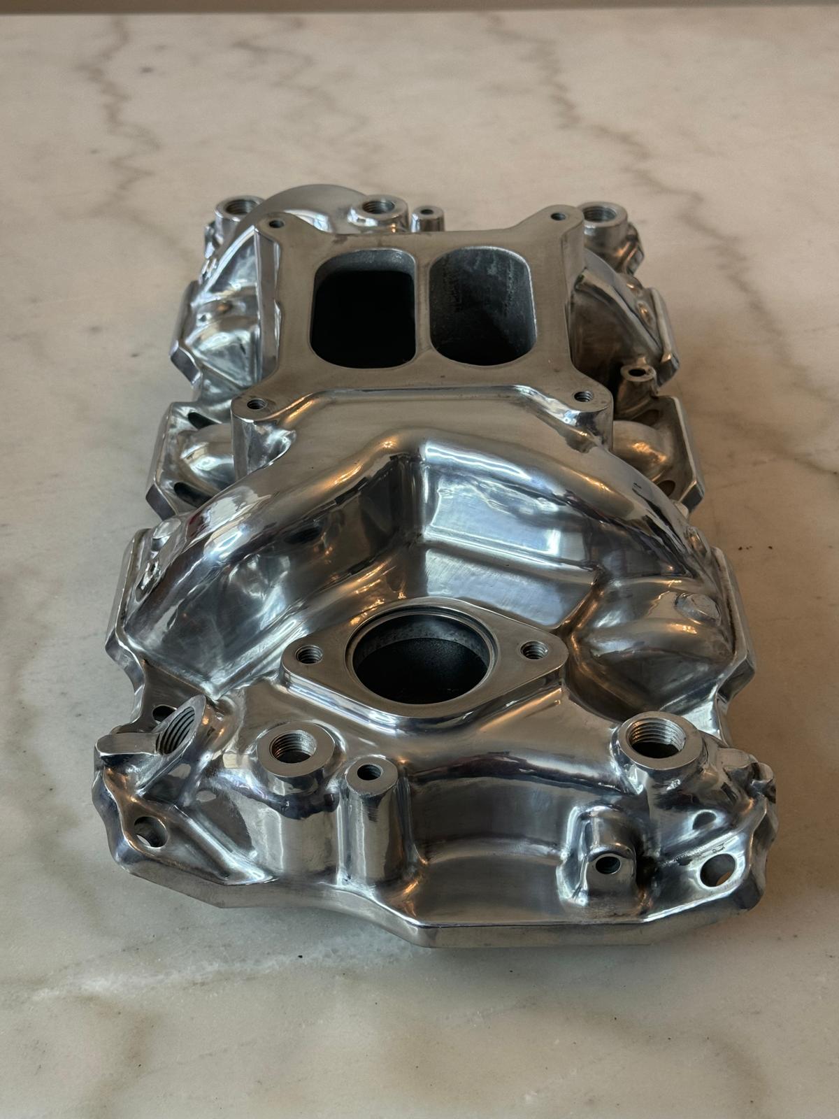 Polished Aluminum Intake Manifold, Small Block Chevy Mid Rise Dual Plane 55-95