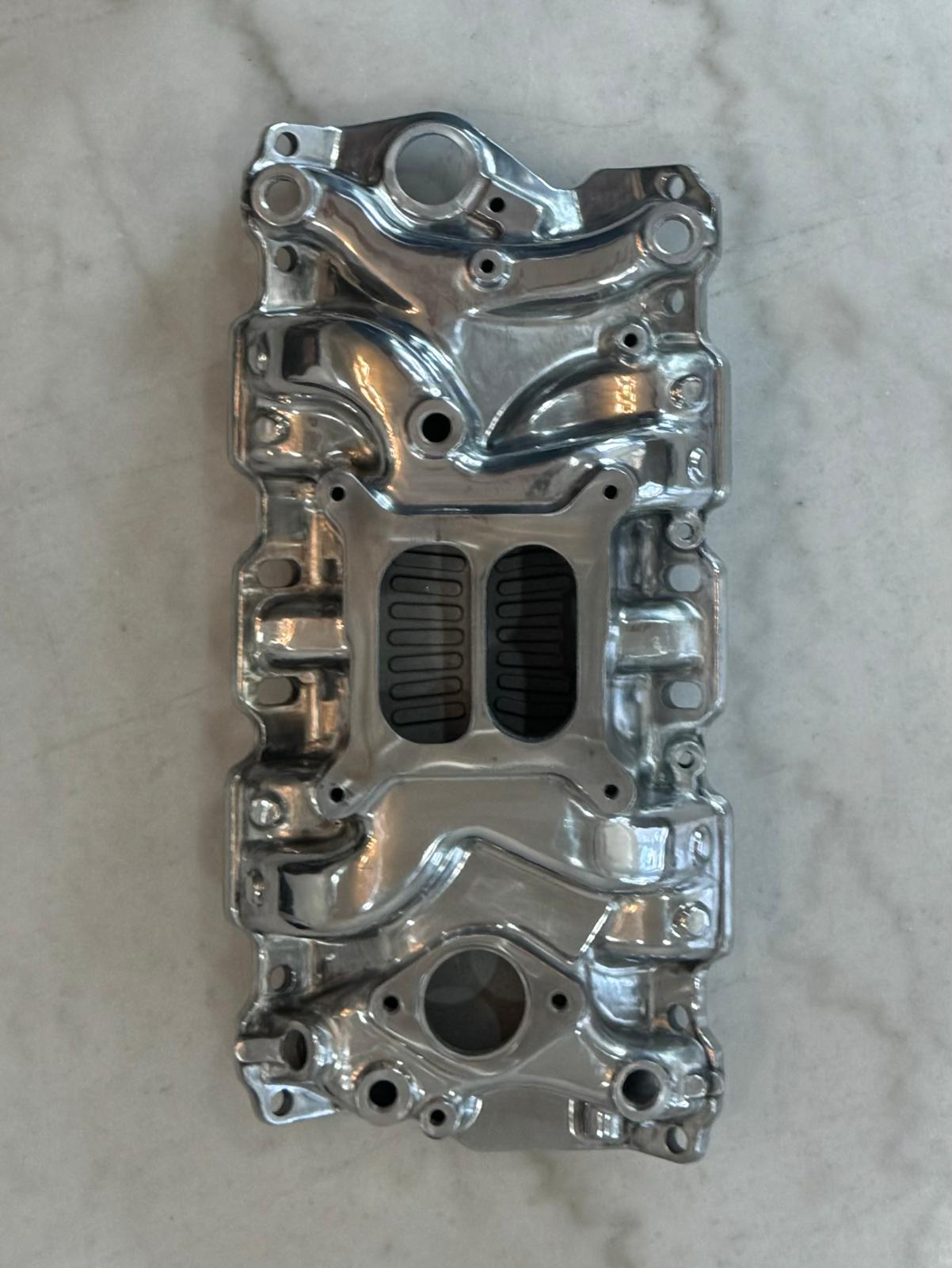 Polished Aluminum Intake Manifold, Small Block Chevy Mid Rise Dual Plane 55-95