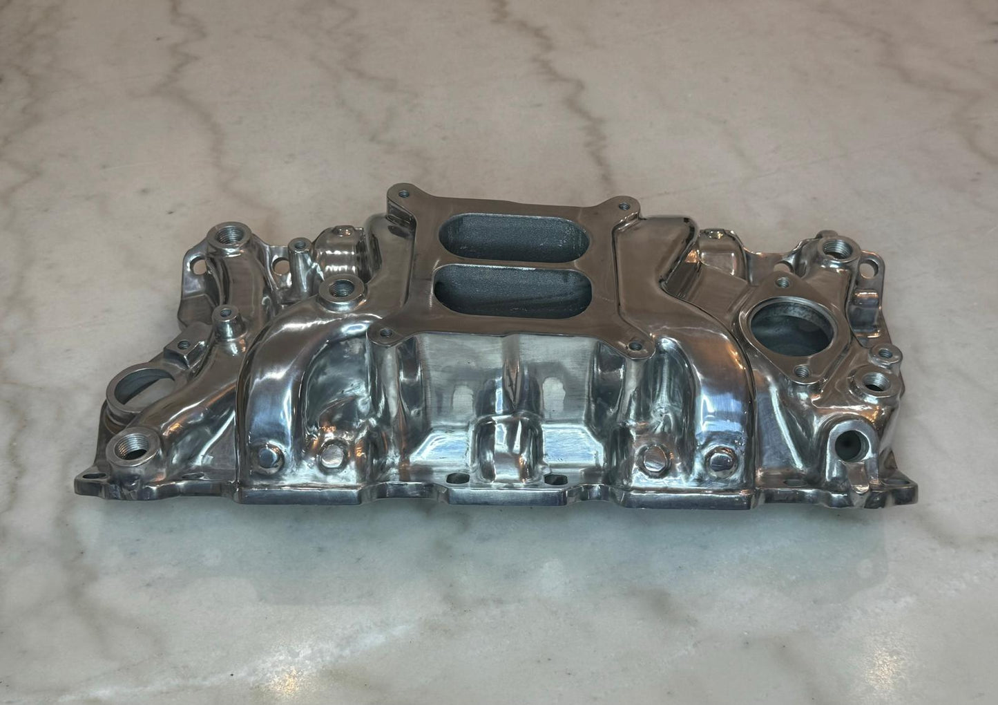 Polished Aluminum Intake Manifold, Small Block Chevy Mid Rise Dual Plane 55-95