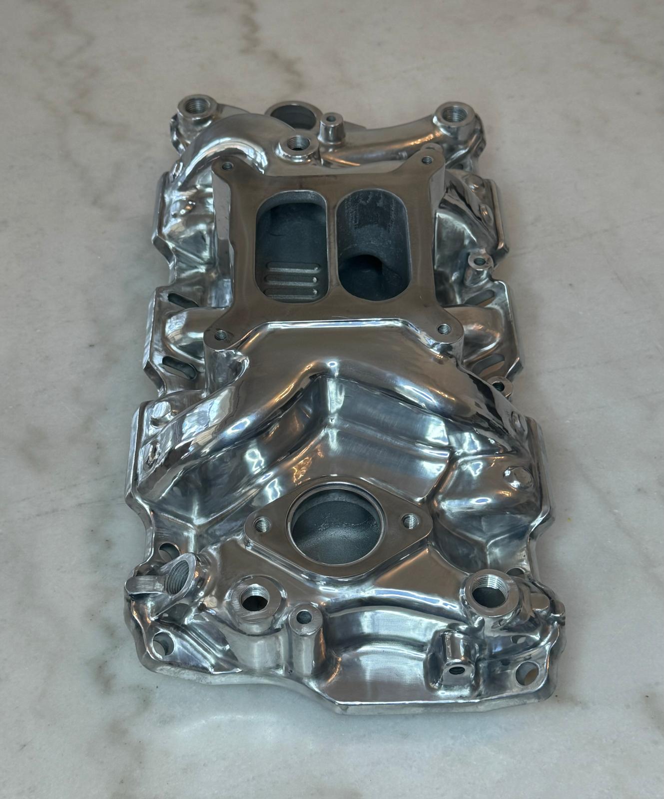 Polished Aluminum Intake Manifold, Small Block Chevy Mid Rise Dual Plane 55-95