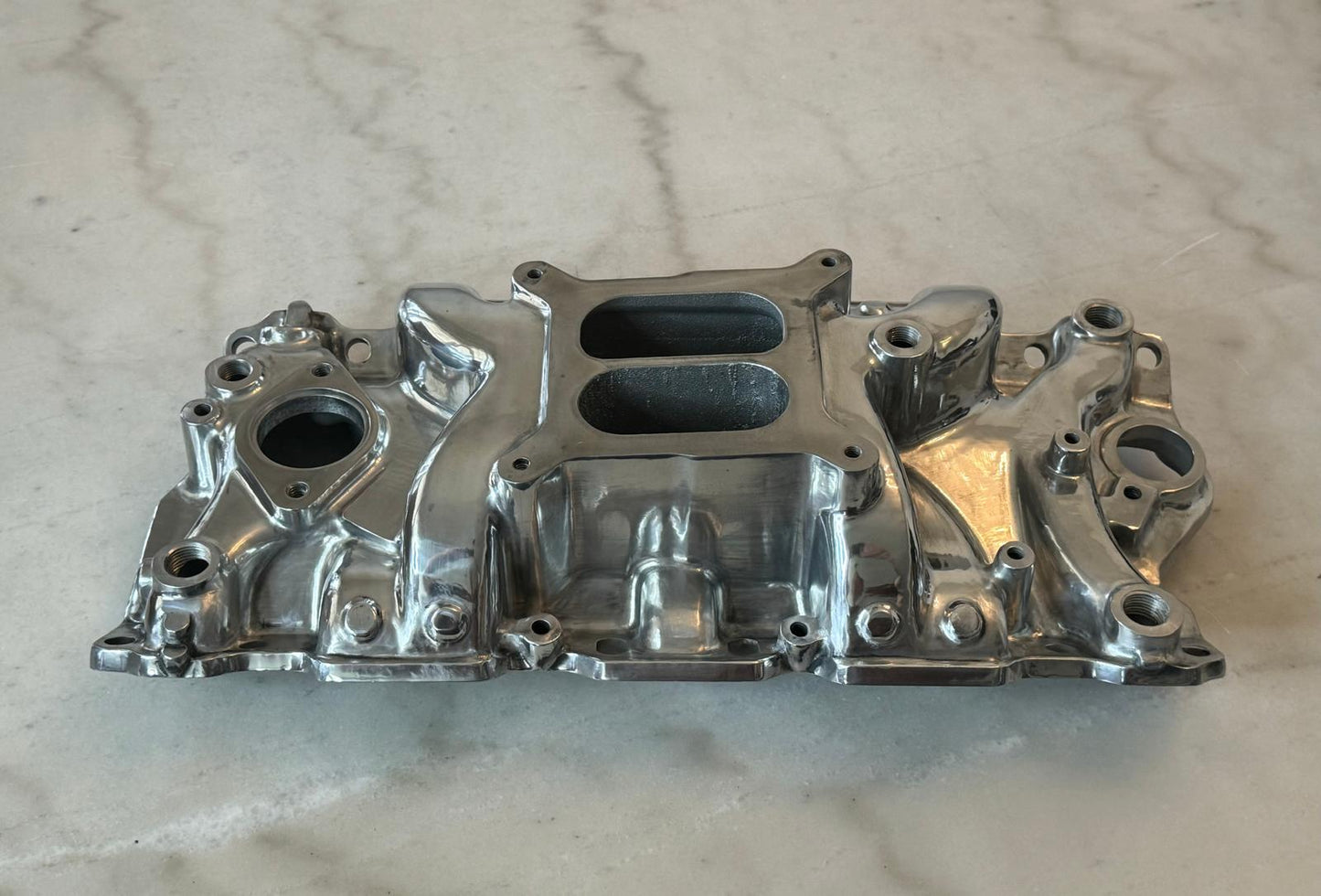 Polished Aluminum Intake Manifold, Small Block Chevy Mid Rise Dual Plane 55-95