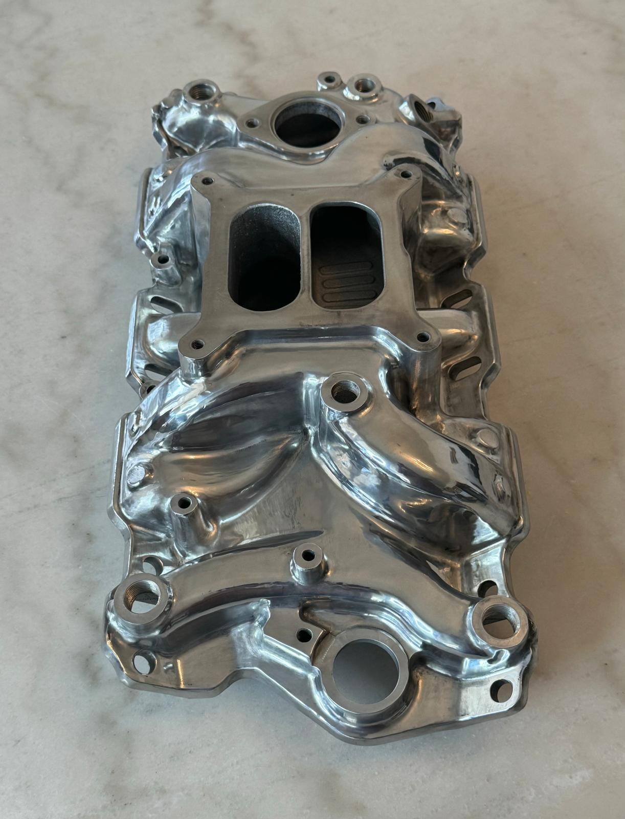 Polished Aluminum Intake Manifold, Small Block Chevy Mid Rise Dual Plane 55-95