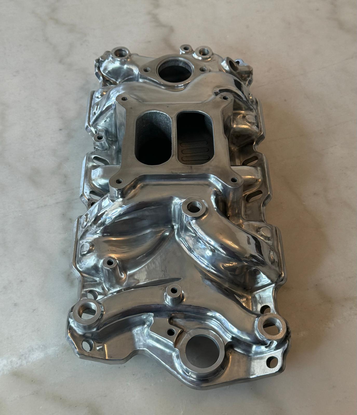 Polished Aluminum Intake Manifold, Small Block Chevy Mid Rise Dual Plane 55-95