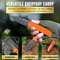 SliceElite Tiger Claw Folding Knife 3.5-Inch | D2 Steel Drop Point Blade with Titanium Striped Finish, Orange G10 Handle & Pocket Clip | EDC Button Lock Pocket Knife for Outdoor & Everyday Carry