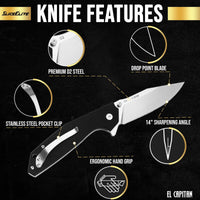 SliceElite 3.5-Inch El Capitan Folding Knife | Pocket Knife with Black G10 Composite Handle & D2 Steel Clip Drop Hybrid Blade | Tactical Gear EDC Knife with Button Lock & Pocket Clip