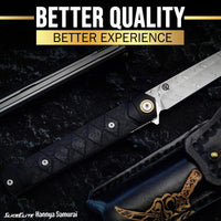 SliceElite Hannya Samurai Japanese-Inspired Folding Knife | Pocket Knife for Men with Carbon Fiber Handle, 110-Layer Damascus Blade & Embossed Leather Sheath | Tactical Gear EDC Knife with Liner Lock