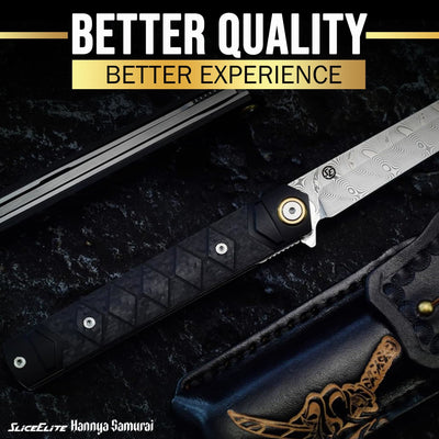 SliceElite Hannya Samurai Japanese-Inspired Folding Knife | Pocket Knife for Men with Carbon Fiber Handle, 110-Layer Damascus Blade & Embossed Leather Sheath | Tactical Gear EDC Knife with Liner Lock