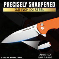 SliceElite 3.6-Inch Aztec Tiger Folding Knife | Pocket Knife with Orange G10 Composite Handle, D2 Steel Drop Point Blade & Stainless Steel Pocket Clip | EDC Gear Knife with Button Lock for Outdoor Use