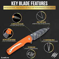 SliceElite Tiger Claw Folding Knife 3.5-Inch | D2 Steel Drop Point Blade with Titanium Striped Finish, Orange G10 Handle & Pocket Clip | EDC Button Lock Pocket Knife for Outdoor & Everyday Carry