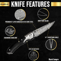 SliceElite Black Sangre Premium Folding Knife | Pocket Knife for Men with Ebony Wood Handle & 67-Layer Damascus VG10 Blade | Tactical Gear EDC Knife with Liner Lock for Luxury Precision