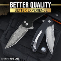 SliceElite 3.4-Inch Viper's Veil Folding Knife | Pocket Knife for Men with G10 Composite Handle, 67-Layer Damascus Steel Clip Drop Hybrid Blade | EDC Knife with Button Lock & Pocket Clip