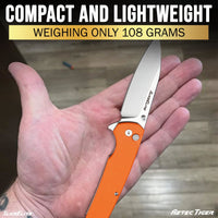 SliceElite 3.6-Inch Aztec Tiger Folding Knife | Pocket Knife with Orange G10 Composite Handle, D2 Steel Drop Point Blade & Stainless Steel Pocket Clip | EDC Gear Knife with Button Lock for Outdoor Use