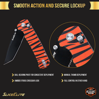 SliceElite Stinson Folding Knife 14C28N Stainless Tanto Serrated Blade Black Titanium PVD Coating Crossbar Lock Aluminum Handle Orange Tiger Stripe EDC Pocket Knife for Outdoor Camping Hunting Survival