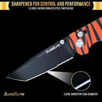 SliceElite Stinson Folding Knife 14C28N Stainless Tanto Serrated Blade Black Titanium PVD Coating Crossbar Lock Aluminum Handle Orange Tiger Stripe EDC Pocket Knife for Outdoor Camping Hunting Survival
