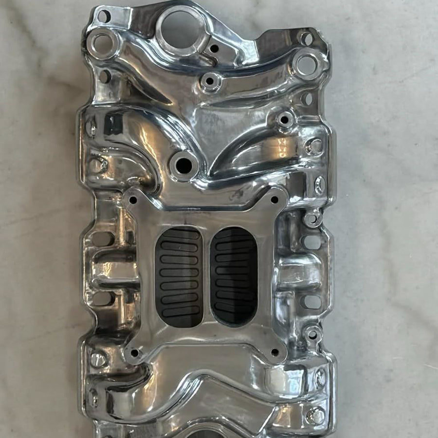 Polished Aluminum Intake Manifold, Small Block Chevy Mid Rise Dual Plane 55-95