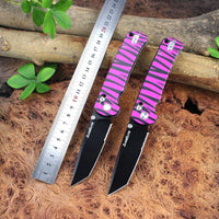SliceElite La Tigresa EDC Pocket Knife 14C28N Stainless Tanto Serrated Blade Black Titanium PVD Finish Crossbar Lock Pink Tiger Stripe Aluminum Handle Folding Knife Outdoor Camping Hunting Survival