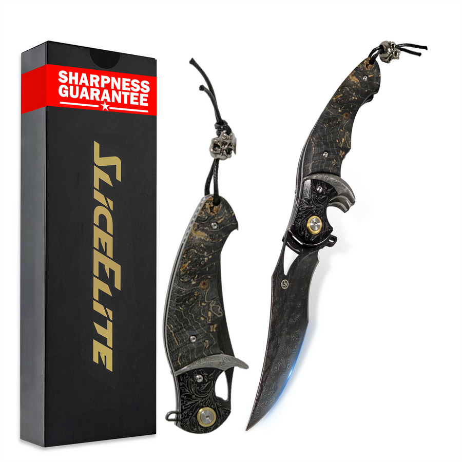 Black Lotus Folding Knife with 89-Layer Damascus VG10 Blade and Stabilized Maple Burl Wood Handle