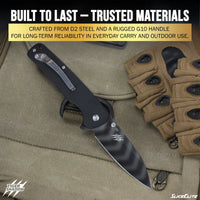 SliceElite Tiger Shadow Folding Knife D2 Steel 3.5 Inch Drop Point Blade Black G10 Handle Button Lock Striped Titanium Finish EDC Pocket Knife Outdoor Camping Survival Everyday Carry