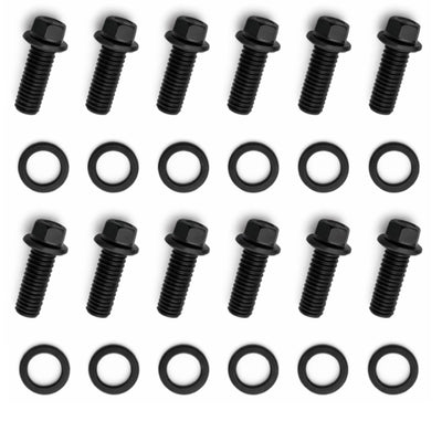 12pc SBC Header Bolts 3/8-16 x 1" Black Grade 8 Steel, 5/16" Hex