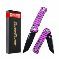 SliceElite La Tigresa EDC Pocket Knife 14C28N Stainless Tanto Serrated Blade Black Titanium PVD Finish Crossbar Lock Pink Tiger Stripe Aluminum Handle Folding Knife Outdoor Camping Hunting Survival
