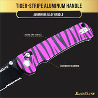 SliceElite La Tigresa EDC Pocket Knife 14C28N Stainless Tanto Serrated Blade Black Titanium PVD Finish Crossbar Lock Pink Tiger Stripe Aluminum Handle Folding Knife Outdoor Camping Hunting Survival