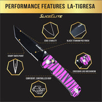 SliceElite La Tigresa EDC Pocket Knife 14C28N Stainless Tanto Serrated Blade Black Titanium PVD Finish Crossbar Lock Pink Tiger Stripe Aluminum Handle Folding Knife Outdoor Camping Hunting Survival
