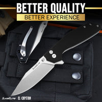 SliceElite 3.5-Inch El Capitan Folding Knife | Pocket Knife with Black G10 Composite Handle & D2 Steel Clip Drop Hybrid Blade | Tactical Gear EDC Knife with Button Lock & Pocket Clip