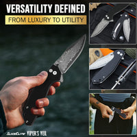 SliceElite 3.4-Inch Viper's Veil Folding Knife | Pocket Knife for Men with G10 Composite Handle, 67-Layer Damascus Steel Clip Drop Hybrid Blade | EDC Knife with Button Lock & Pocket Clip
