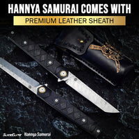SliceElite Hannya Samurai Japanese-Inspired Folding Knife | Pocket Knife for Men with Carbon Fiber Handle, 110-Layer Damascus Blade & Embossed Leather Sheath | Tactical Gear EDC Knife with Liner Lock