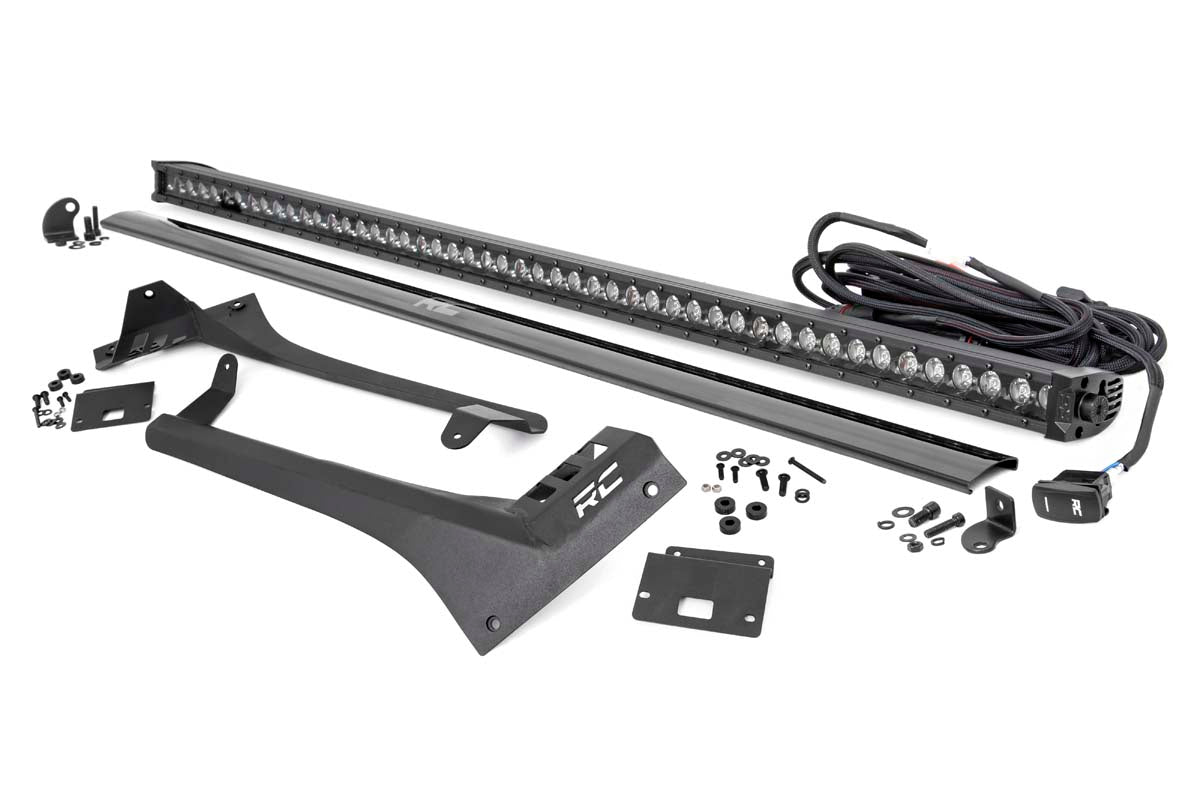 Jeep 50-inch Straight LED Light Bar Upper Windshield Kit w/ Single-Row Black Series LED | White DRL (20-24 Gladiator JT, 18-24 Wrangler JL)