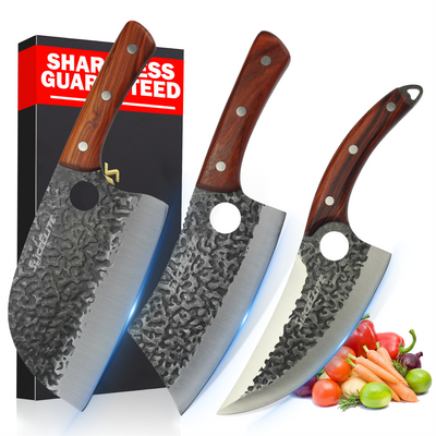 3PCS Hand-Forged Professional Butcher Knife Set: Cleaver knife, Viking knife, & Boning knife for meat cutting | Chef Knife Set with Gift Box | Perfect BBQ Gift for Men (Butcher knife set)
