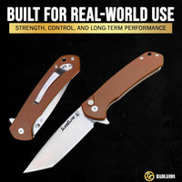 SliceElite Badlands EDC Folding Knife 3.7 Inch D2 Steel Tanto Blade Brown G10 Handle Button Lock Pocket Knife for Men Women Camping Hunting Outdoor EDC Gear Pocket Knives Lightweight Tool Gift