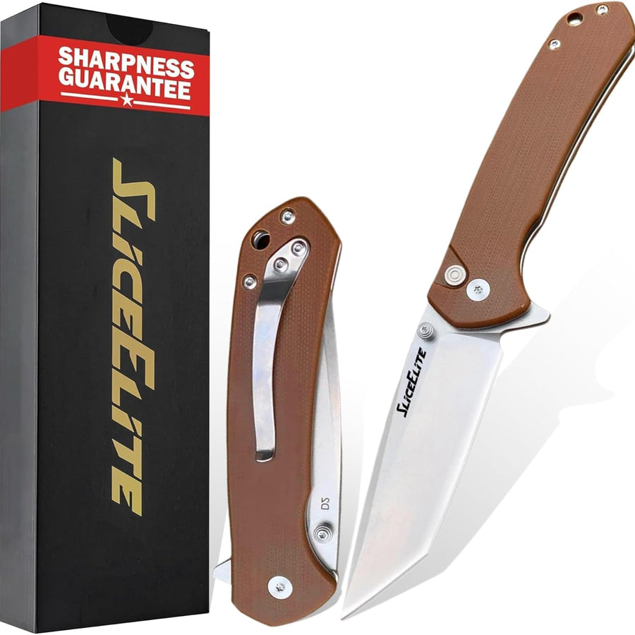 SliceElite Badlands EDC Folding Knife 3.7 Inch D2 Steel Tanto Blade Brown G10 Handle Button Lock Pocket Knife for Men Women Camping Hunting Outdoor EDC Gear Pocket Knives Lightweight Tool Gift