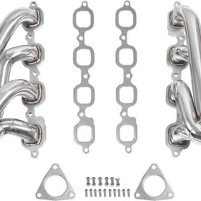 Polished Stainless Exhaust Manifold Replacement Shorty Headers Silverado Sierra Tahoe Suburban Yukon XL Escalade 2014 2015 2016 2017 2018 2019 2020 5.3L 6.2L LT Style V8 Direct Bolt On OE Location