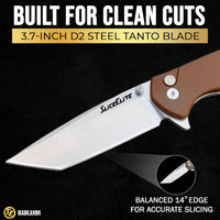 SliceElite Badlands EDC Folding Knife 3.7 Inch D2 Steel Tanto Blade Brown G10 Handle Button Lock Pocket Knife for Men Women Camping Hunting Outdoor EDC Gear Pocket Knives Lightweight Tool Gift