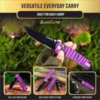 SliceElite La Tigresa EDC Pocket Knife 14C28N Stainless Tanto Serrated Blade Black Titanium PVD Finish Crossbar Lock Pink Tiger Stripe Aluminum Handle Folding Knife Outdoor Camping Hunting Survival