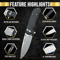 SliceElite Coyote EDC Knife 3.5 Inch D2 Steel Drop Point Blade Black Micarta Handle Button Lock Stainless Steel Pocket Clip Lightweight Folding Knife for Everyday Carry Camping Hunting Outdoor Use