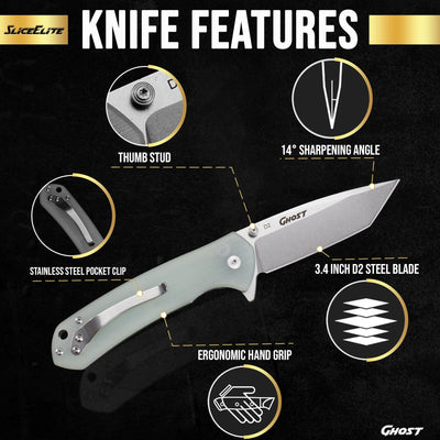 SliceElite Ghost EDC Knife 3.4 Inch D2 Steel Tanto Blade Translucent Green G10 Handle Button Lock Stainless Steel Pocket Clip Lightweight Compact Everyday Carry Knife
