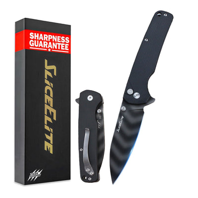 SliceElite Tiger Shadow Folding Knife D2 Steel 3.5 Inch Drop Point Blade Black G10 Handle Button Lock Striped Titanium Finish EDC Pocket Knife Outdoor Camping Survival Everyday Carry