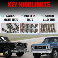 Header Bolts Chrome Set of 12 for Small Block and Big Block American V8 Engines 3/8-16 Thread Corrosion Resistant Alloy Steel for Chevy Ford Mopar Muscle Cars Hot Rods Restoration
