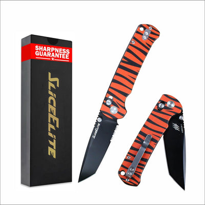 SliceElite Stinson Folding Knife 14C28N Stainless Tanto Serrated Blade Black Titanium PVD Coating Crossbar Lock Aluminum Handle Orange Tiger Stripe EDC Pocket Knife for Outdoor Camping Hunting Survival